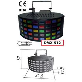 effetto luce  psl mega derby (k1446)   5 file di 8 lenti rettangolari colorate generano 40 fasci luminosi di grande impatto con movimento circolare attivato a tempo di musica , ventilazione forzata tramite ventola, termofusibile di sicurezza, 2 canali dmx